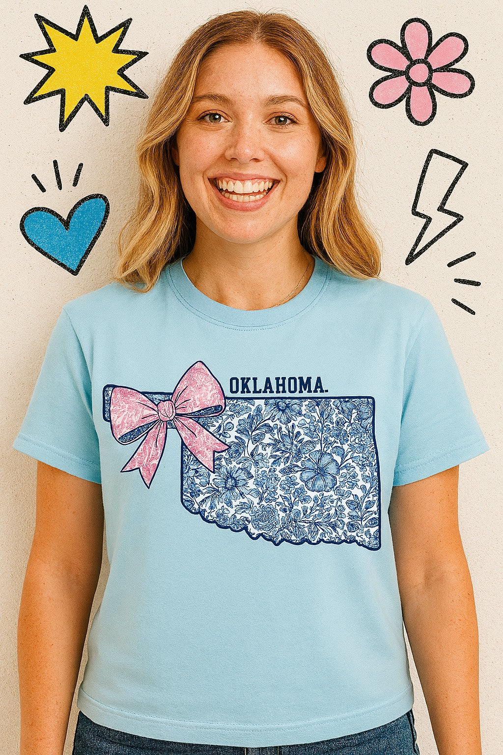 Oklahoma Blue Floral Tee – With a Bow on It
