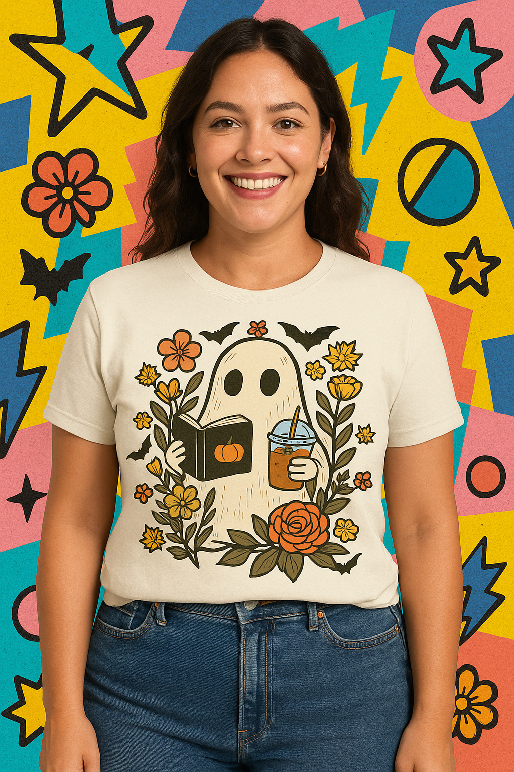 Cute Ghost Halloween Fall Book Lover Coffee and Reading Shirt