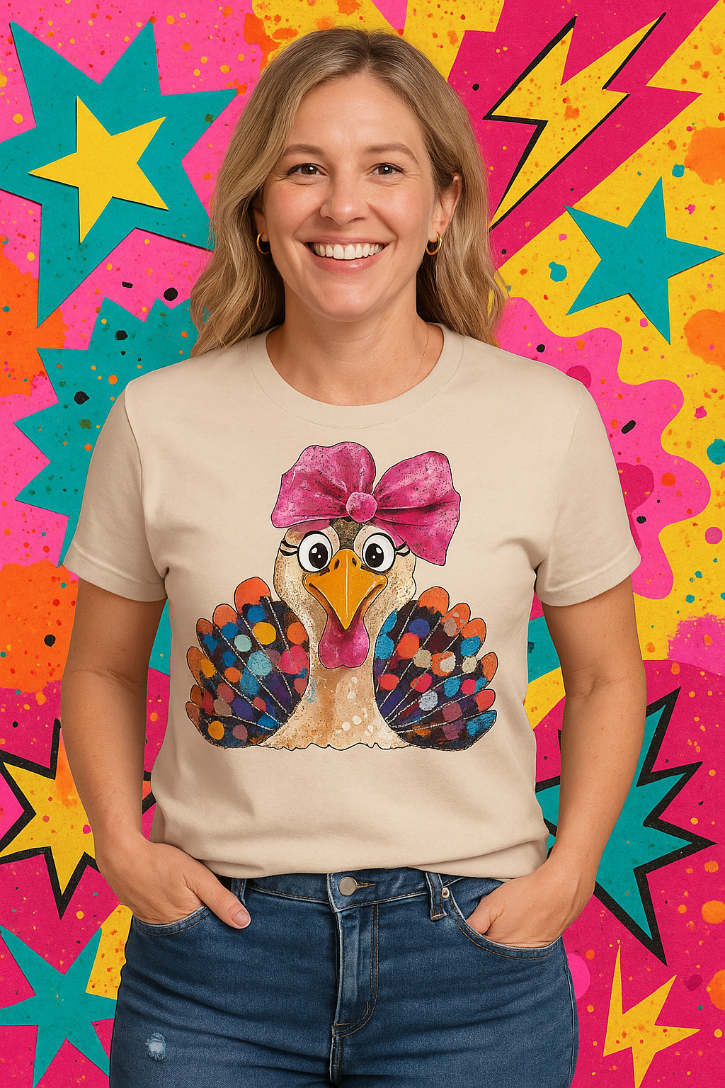 🎀 Glam Coquette Turkey Tee – Festive Bow & Feathers