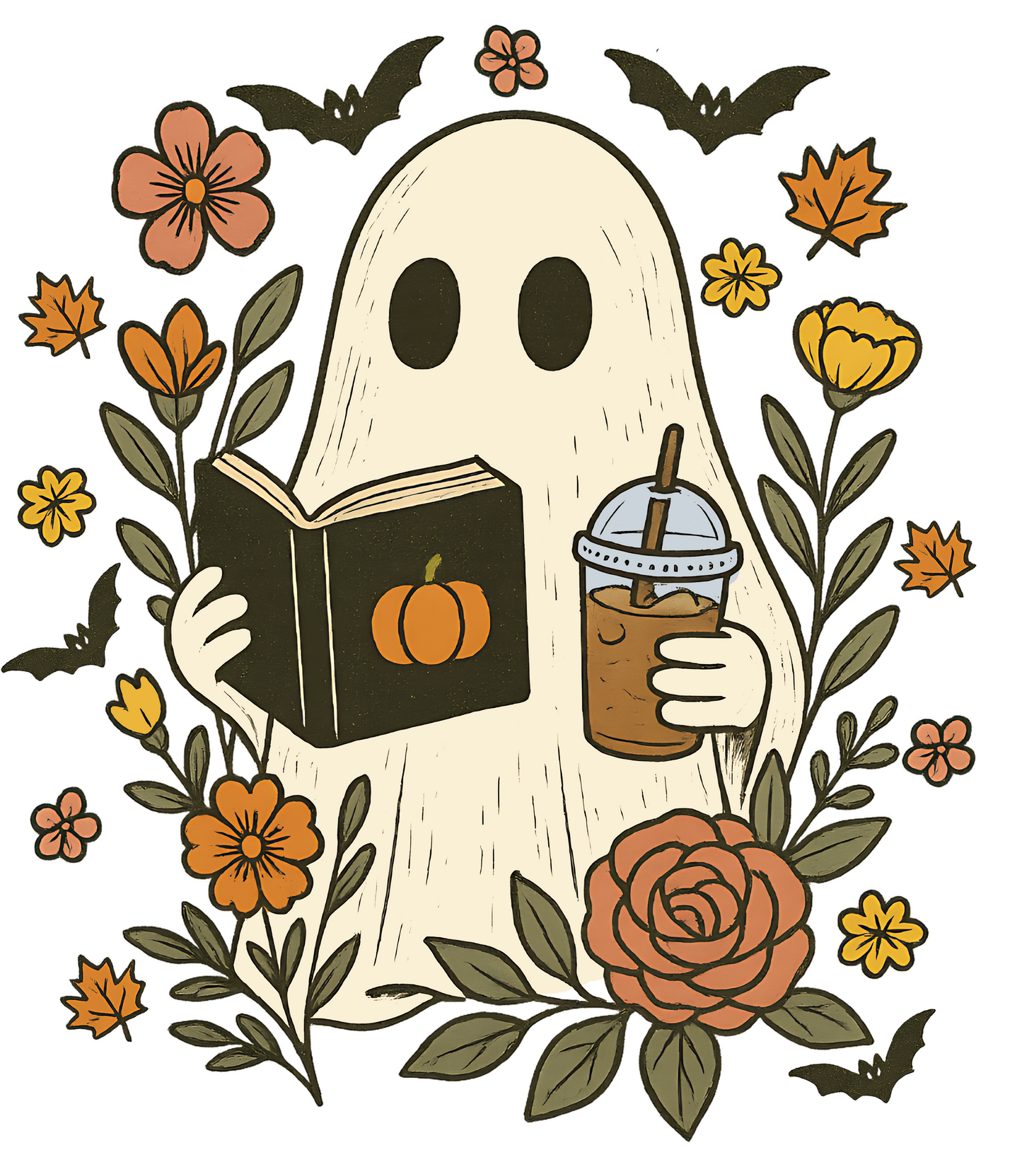 Cute Ghost Halloween Fall Book Lover Coffee and Reading Shirt