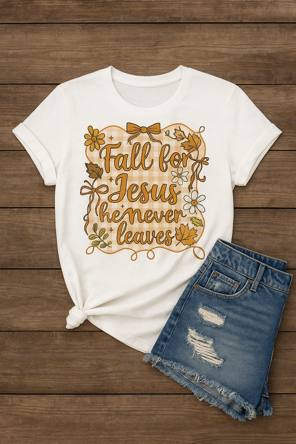 Fall for Jesus He Never Leaves | Autumn Faith Tee Design