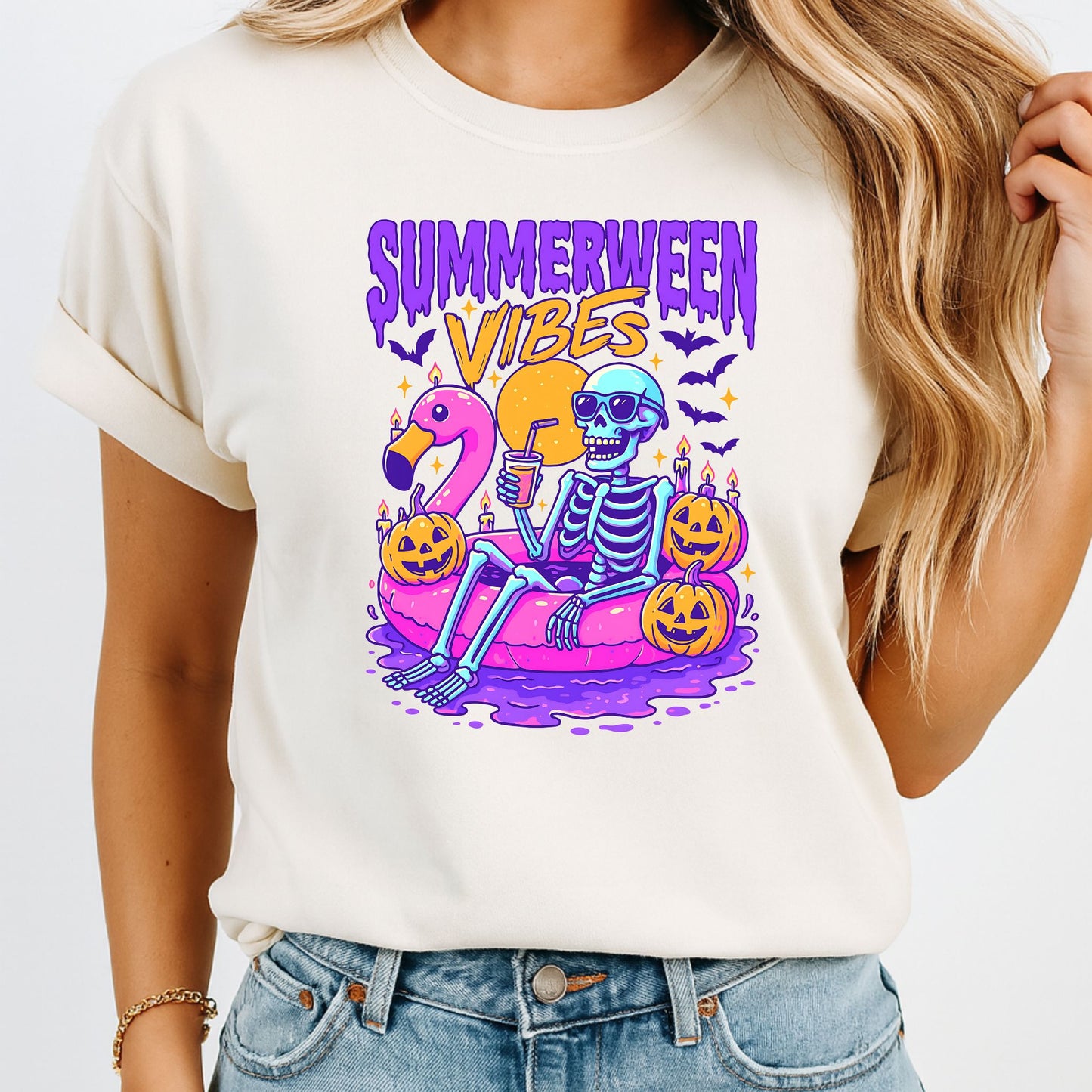 Neon Summerween Vibes Tee – Skeletons on Vacation