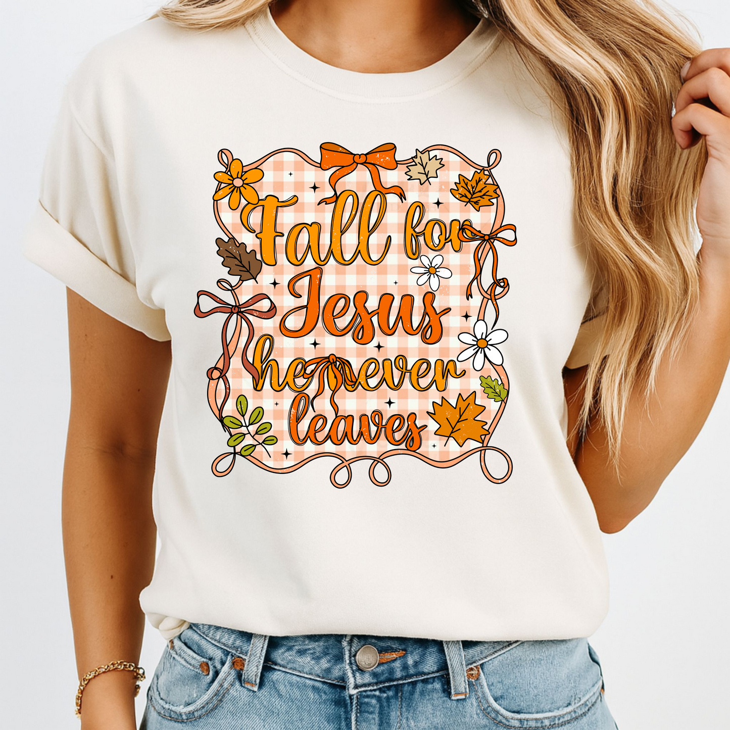 Fall for Jesus He Never Leaves | Autumn Faith Tee Design