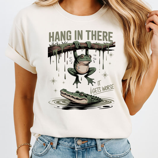 Hang In There Tee – Frog, Drip & Dark Humor